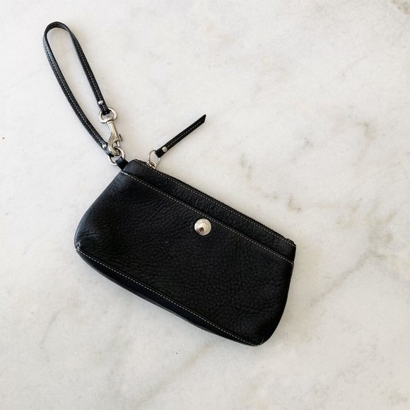 Coach black leather wristlet / clutch bag. Silver trim, snap button detail - Picture 1 of 8